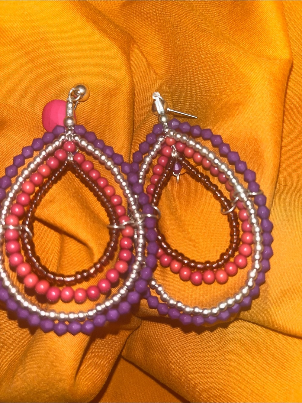 Handcrafted Pink & Purple Beaded Teardrop Earrings